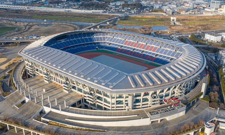 Vista aérea do Estádio Internacional de Yokohama, palco da final do Mundial de 2006.